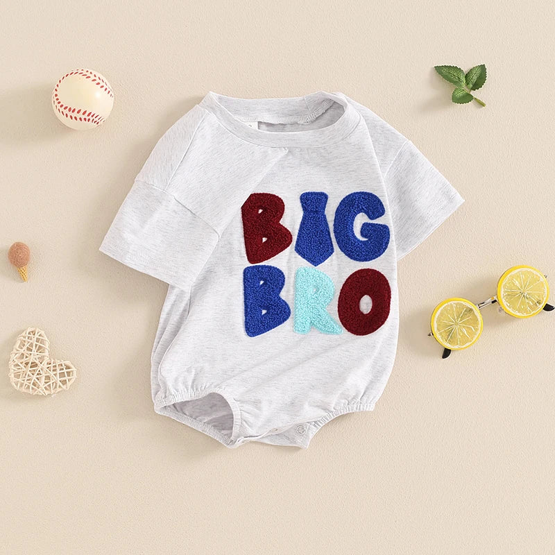 Baby Girl Boy Romper Short Sleeve Crew Neck Big Lil Bro Baseball Brother Big Sis Sister Letter Embroidery Bodysuit