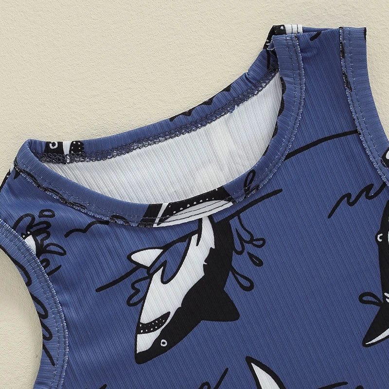 Baby Toddler Boys 2Pcs Summer Outfit Cartoon Shark Print Round Neck Tank Top with Elastic Waist Shorts Set