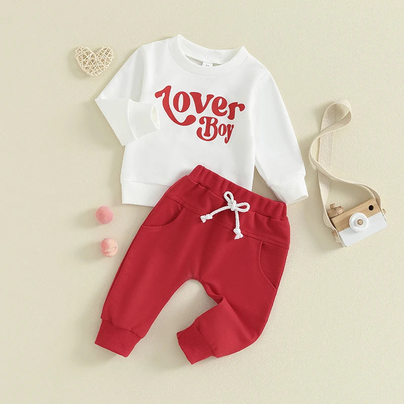 Baby Toddler Boy Girl 2Pcs Valentine's Day Outfits Long Sleeve Shirts Letter Lover Boy / Daddy's Little Valentine Print Top with Jogger Pants Set