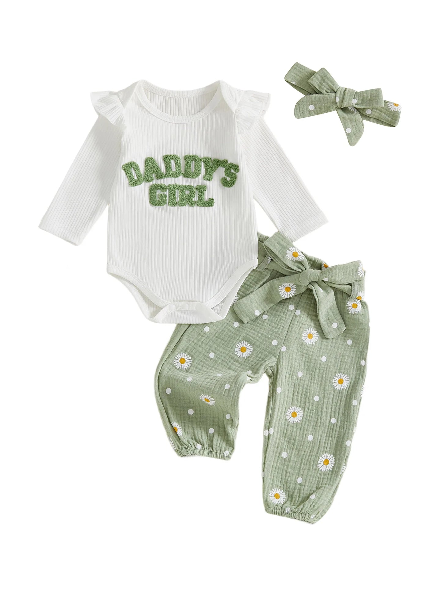 Baby Toddler Girls 3Pcs Daddy's Girl Fall Outfit Letter Embroidery Long Sleeve Romper Daisy Print Pants with Belt and Headband Set