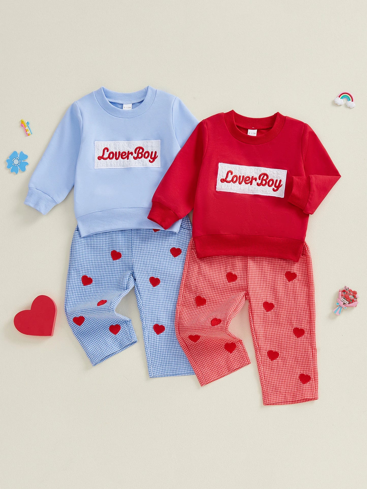 Baby Toddler Boys 2Pcs Lover Boy Valentine's Day Outfit Fashionable Long Sleeve Letters Embroidery Pullover with Plaid Heart Print Pants 2Pcs Clothing Set