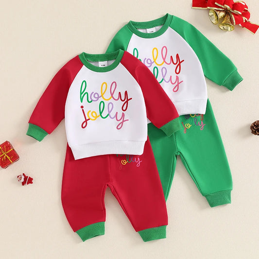 Baby Toddler Boys Girls 2Pcs Holly Jolly Christmas Outfit Letter Print Long Sleeve Crewneck Top and Elastic Pants Set