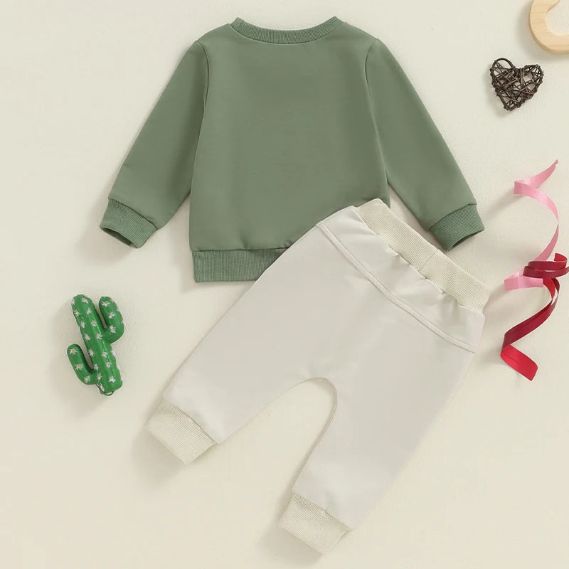 Baby Boys Girls 2Pcs 1st Birthday Outfit Long Sleeve ONE Letter Cowboy Gow Animals Print Top and Solid Color Pants Set