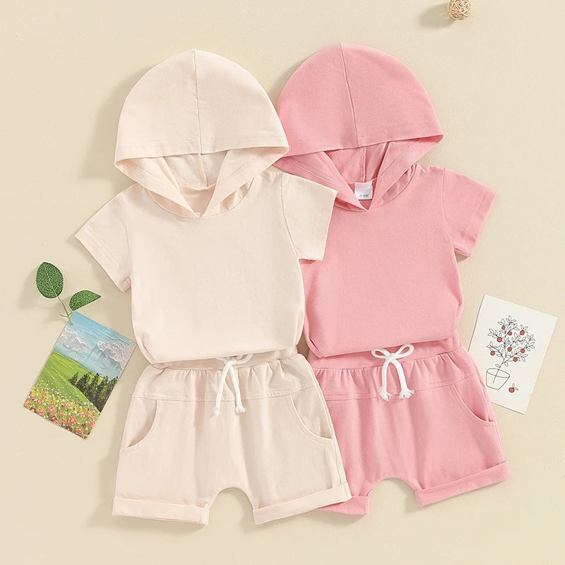 Toddler Baby Girl Boy 2Pcs Outfit Solid Color Hooded Short Sleeve Top and Shorts Set