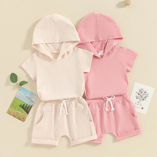 Toddler Baby Girl Boy 2Pcs Outfit Solid Color Hooded Short Sleeve Top and Shorts Set