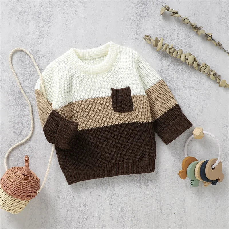 Baby Toddler Boys Girls Knit Sweater Contrast Color Pocket Crewneck Pullover Long Sleeve Top