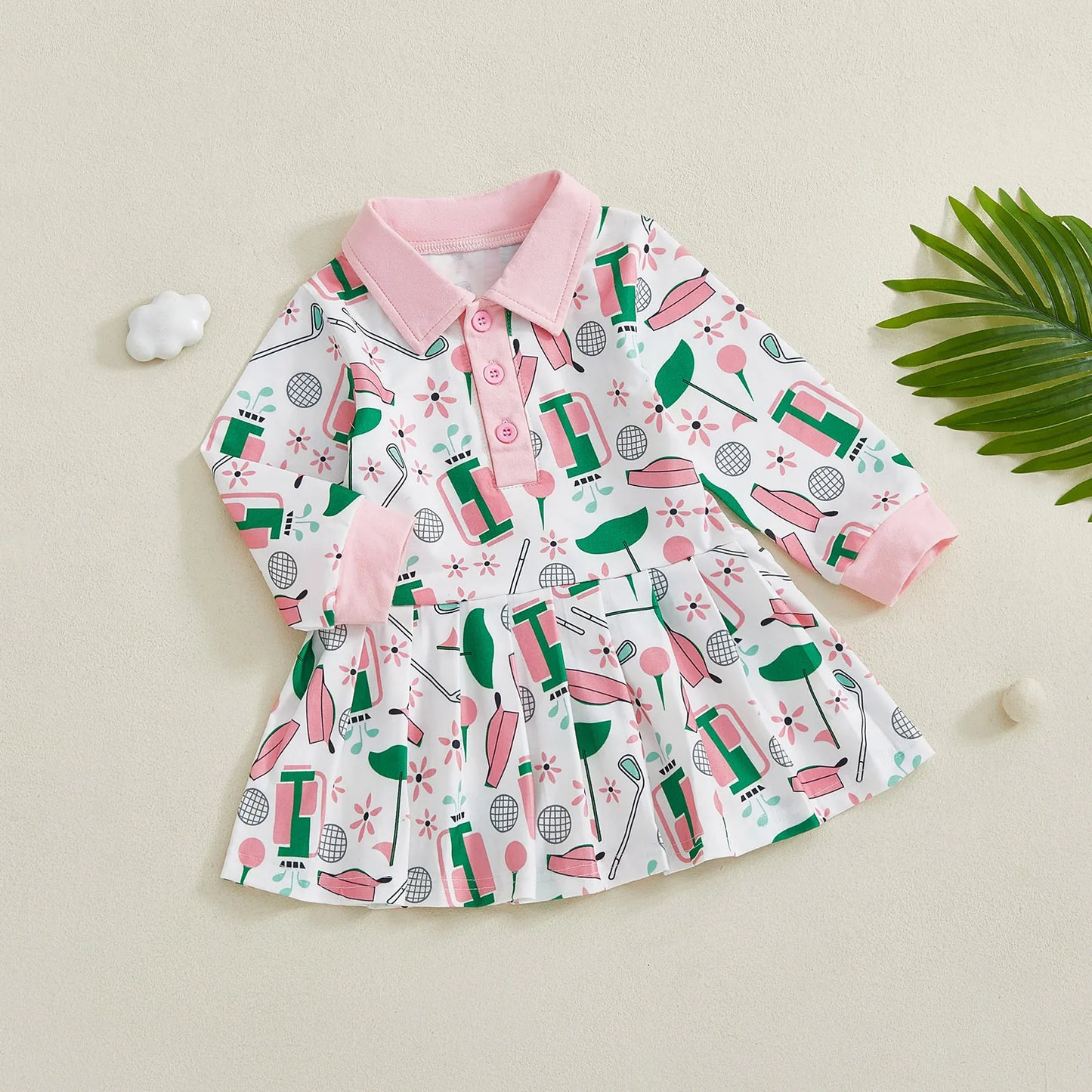Baby Toddler Girl Golf Print Dress Lapel Button Front Long Sleeves A Line Dress