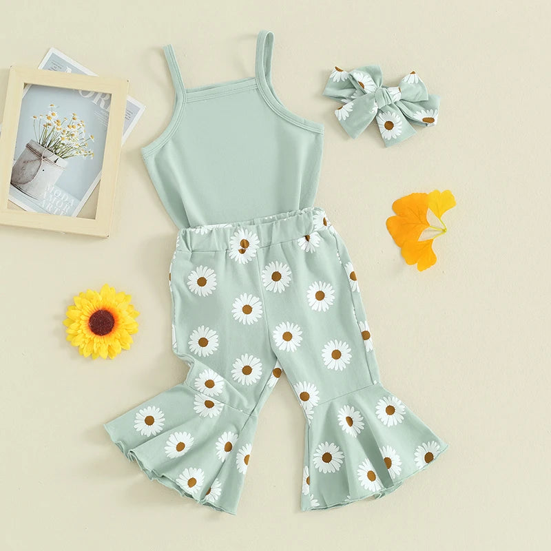 Baby Girls 3Pcs Summer Outfit, Sleeveless Tank Top Romper with Daisy Flower Print Flare Long Pants and Headband