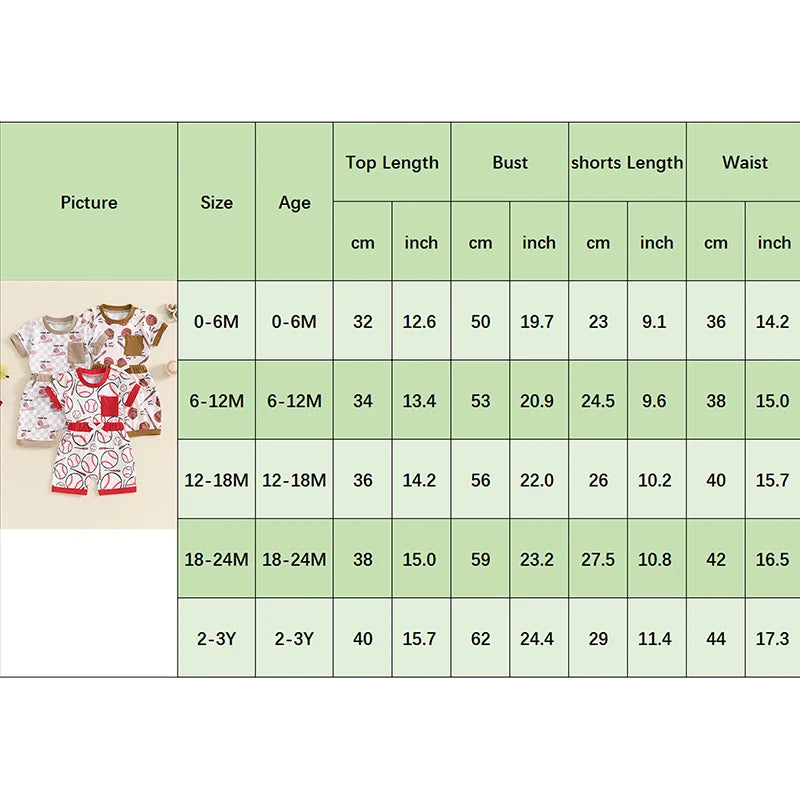 Baby Toddler Boys 2Pcs Baseball Print Short Sleeve Top with Elastic Waist Shorts Summer Outfit Set