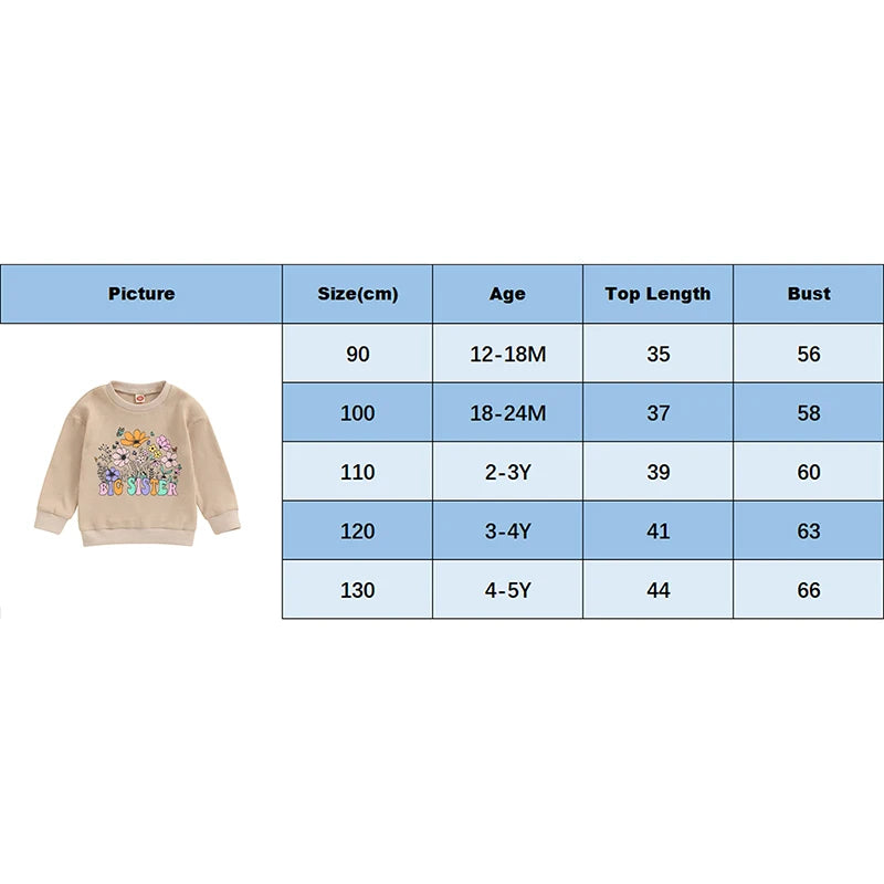 Toddler Kids Girls Big Sister Autumn Long Sleeve Crewneck Letter Flower Print Loose Fit Pullover Top