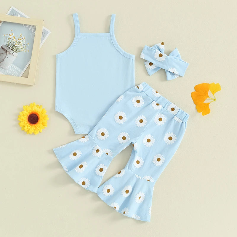 Baby Girls 3Pcs Summer Outfit, Sleeveless Tank Top Romper with Daisy Flower Print Flare Long Pants and Headband