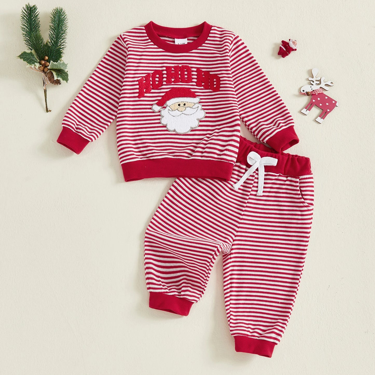 Baby Toddler Boys Girls 2Pcs Ho Ho Ho Christmas Striped Jogger Set Fashionable Long Sleeve Santa Claus Embroidery Pullover Top with Pants 2 Pcs Outfit