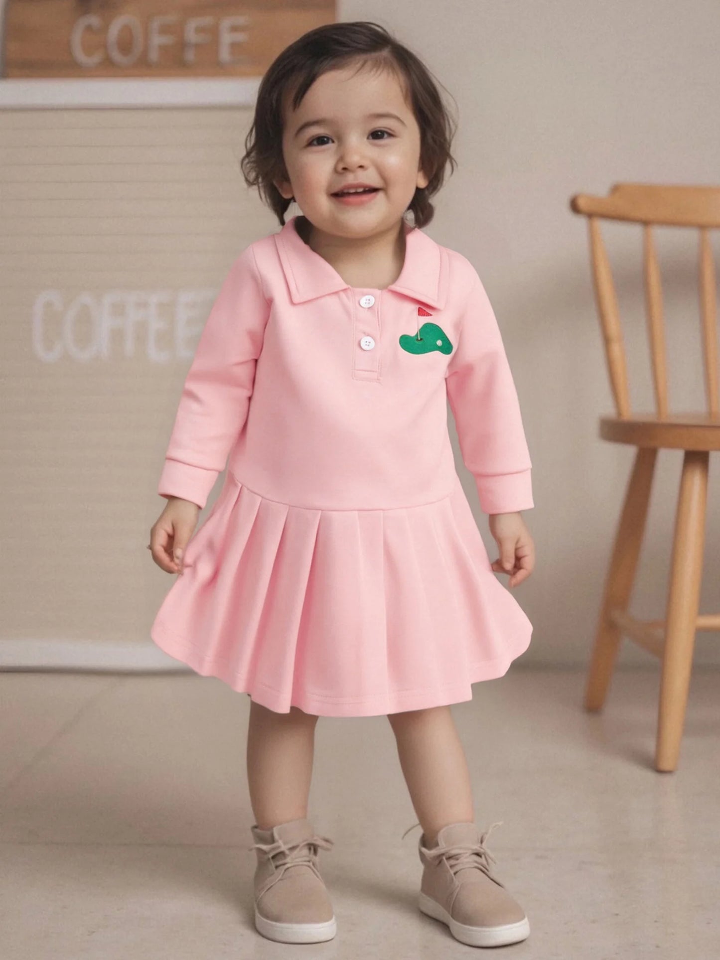 Baby Toddler Girls Casual Dress Long Sleeve Button Closure Embroidery Golf Cart Pleated Fall Dress