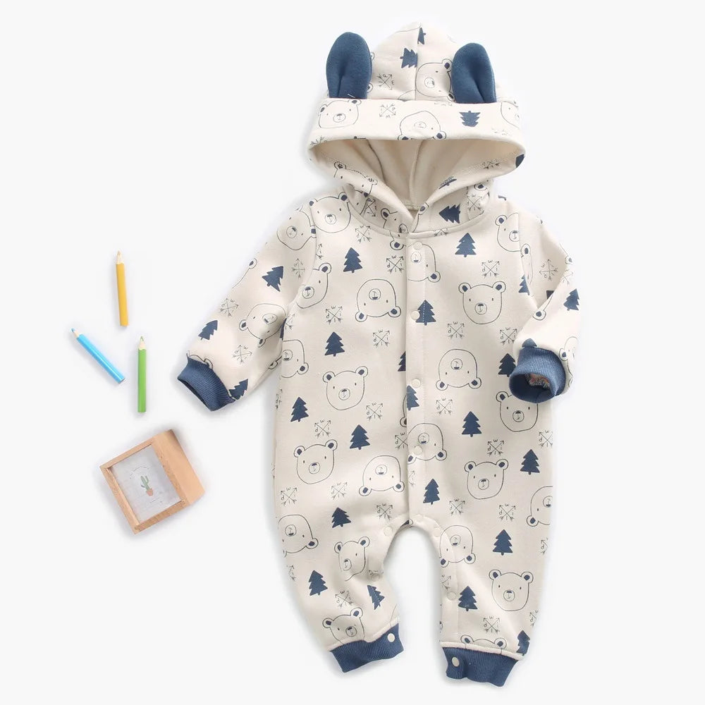 Baby Toddler Boy Girl Winter Clothes Fleece Thick Baby Romper Warm Long Sleeve Hooded Ears Jumpsuit