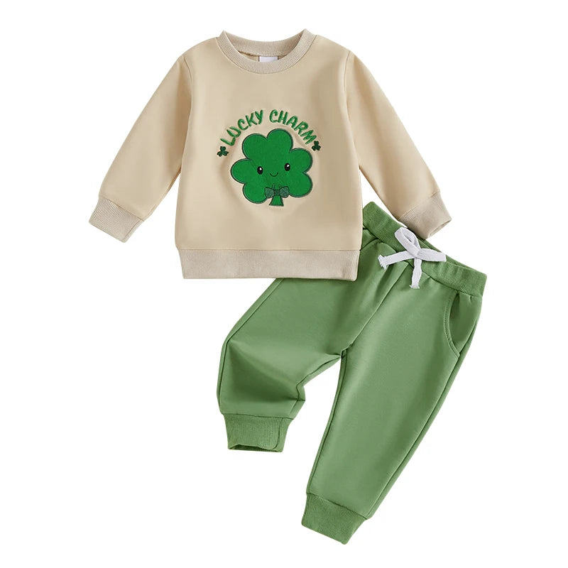 Baby Toddler Boys Girls 2Pcs Spring Outfit Lucky Charm Shamrock Letter Embroidery Long Sleeve Crew Neck Top with Drawstring Pants Jogger Set