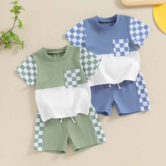 Baby Toddler Boys 2Pcs Summer Short Sleeve Checkerboard Print Top Drawstring Shorts Set Outfit