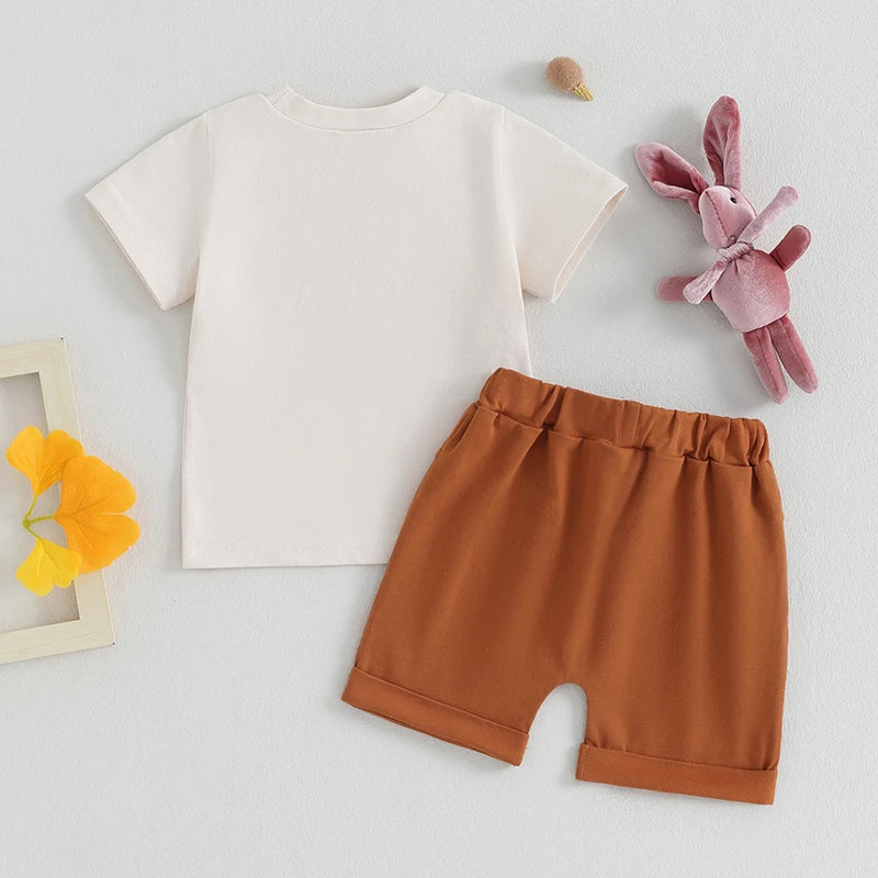 Baby Toddler Girls Boys 2Pcs Easter Clothes Set Hoppy Little Babe / Honey Bunny Letter Print Short Sleeve Top Solid Shorts Outfit