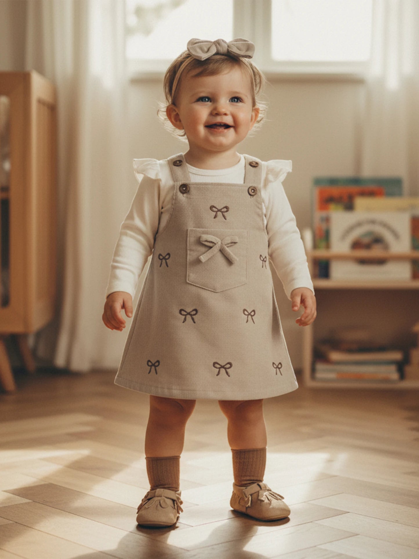 Baby Girls 3Pcs Outfit Ruffle Long Sleeve Crew Neck Romper Overall Bow Dress and Headband Set