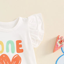 Load image into Gallery viewer, Baby Girls ONE Jumpsuit Fly Sleeve Crew Neck Letters Heart Print Birthday Romper
