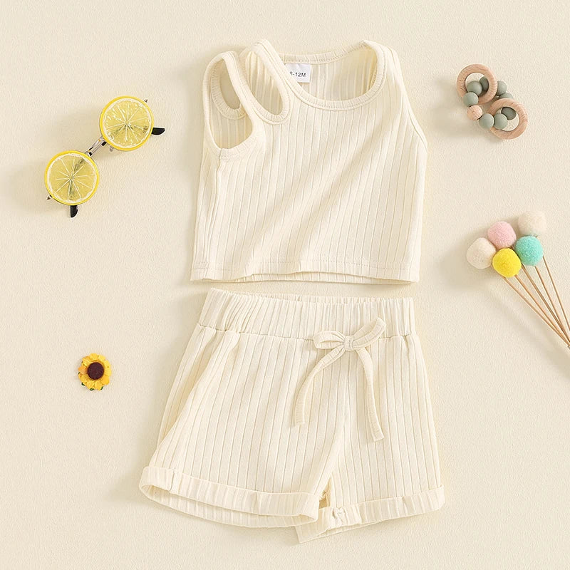 Baby Toddler Girls 2Pcs Ribbed Tank Top Elastic Waistband Drawstring Shorts Matching Outfit Set