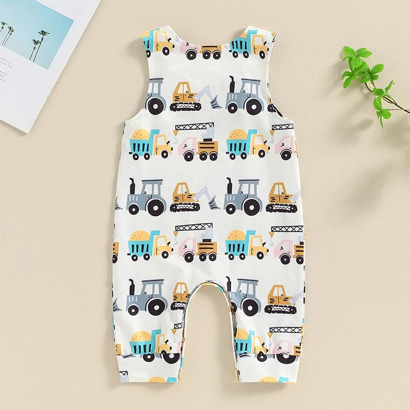 Baby Boy Summer Tank Romper Cartoon Tractor Car Print Sleeveless Round Neck Full Length Bodysuit