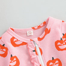Load image into Gallery viewer, Baby Girl 2Pcs Halloween Romper Crew Neck Pink Long Sleeve Pumpkin Print Jumpsuit with Headband
