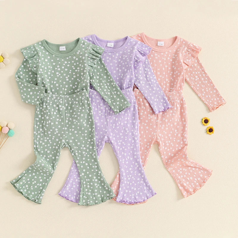 Toddler Kids Girls 2Pcs Fall Outfit Ruffle Flower Print Long Sleeve Top + Flare Pants Set