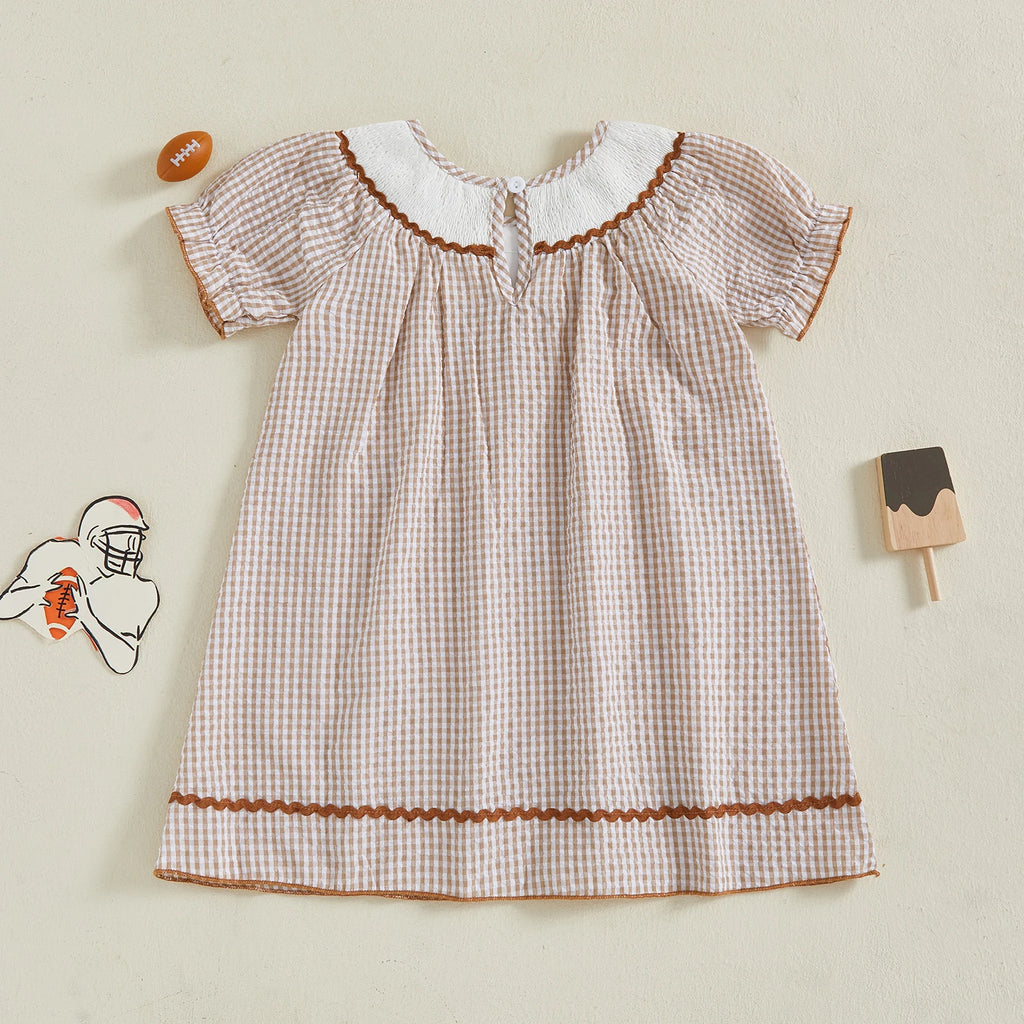 Toddler Kids Girl Dress Loose Fit Football Embroidered Plaid Crew Neck Short Sleeve Dress Summer Fall