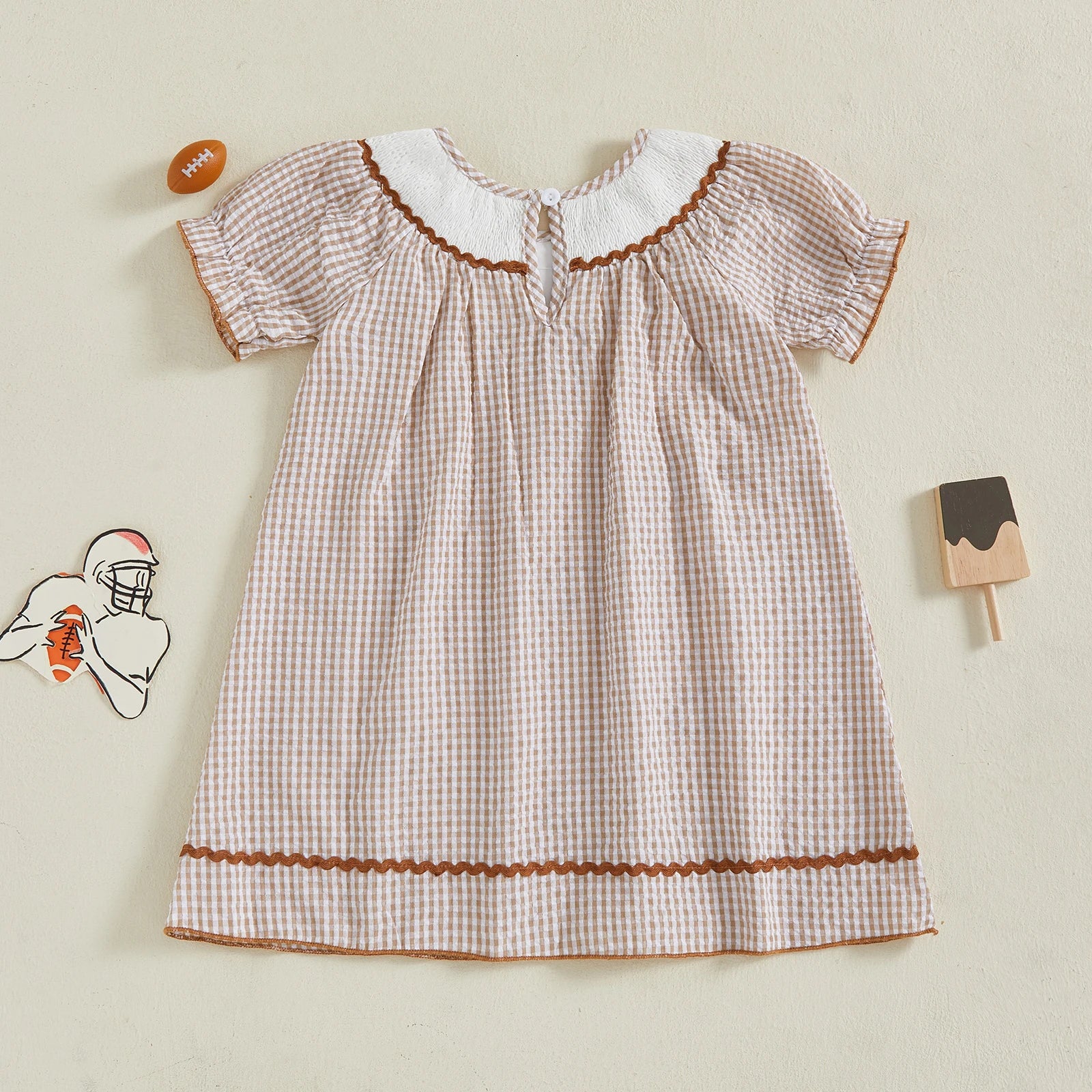 Toddler Kids Girl Dress Loose Fit Football Embroidered Plaid Crew Neck Short Sleeve Dress Summer Fall