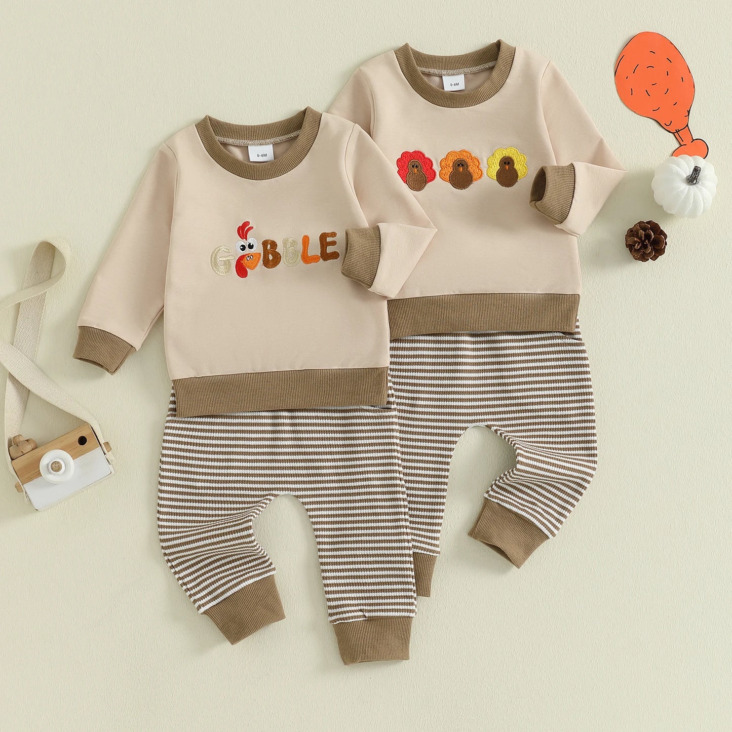 Baby Toddler Boys 2Pcs Jogger Set Long Sleeve Crew Neck Embroidery Gobble Turkey Top with Striped Pants Thanksgiving Clothes