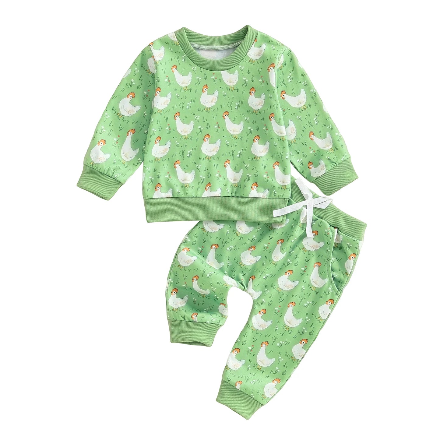 Baby Toddler Boys Girls 2Pcs Fall Outfit Long Sleeve Farm Chicken Print Top Jogger Pants Set