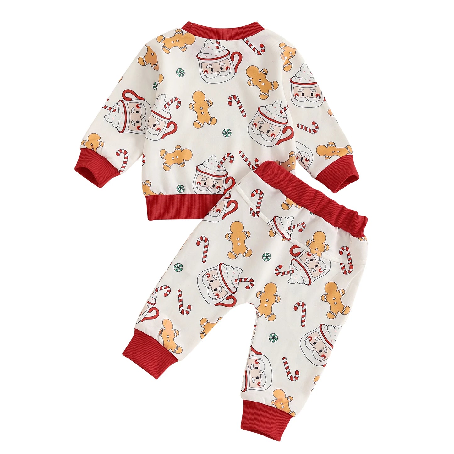 Baby Toddler Boys Girls 2Pcs Christmas Jogger Set Gingerbread Man Santa Mug Print Long Sleeve Top Long Pants Outfit