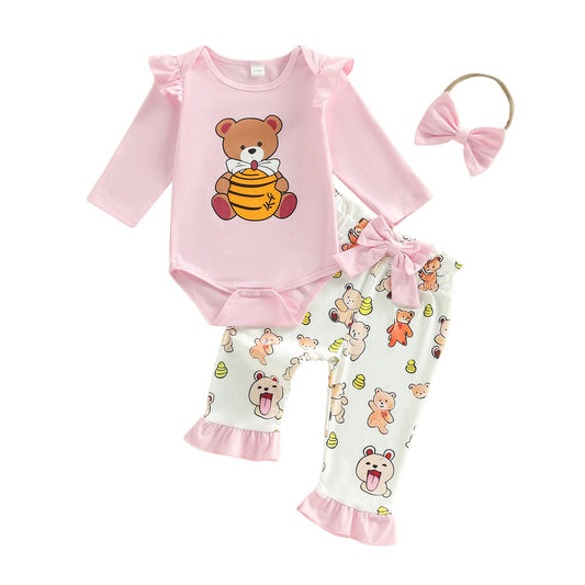 Baby Girl 3Pcs Spring Outfit Honey Bear Long Sleeve Romper Ruffle Pants and Bow Headband 3 Piece Set