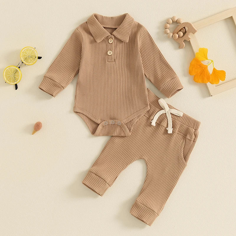 Baby Boys Girls 2Pcs Ribbed Set Button Long Sleeve Romper with Collar Drawstring Pocket Long Pants Outfit Clothes