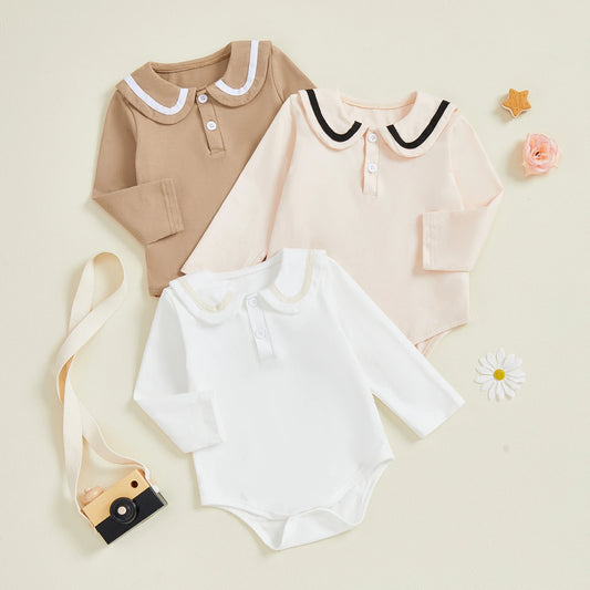 Baby Girls Romper Contrast Trim Half Button-up Sailor Collar Long Sleeve Jumpsuit for Summer Spring Fall Bodysuit