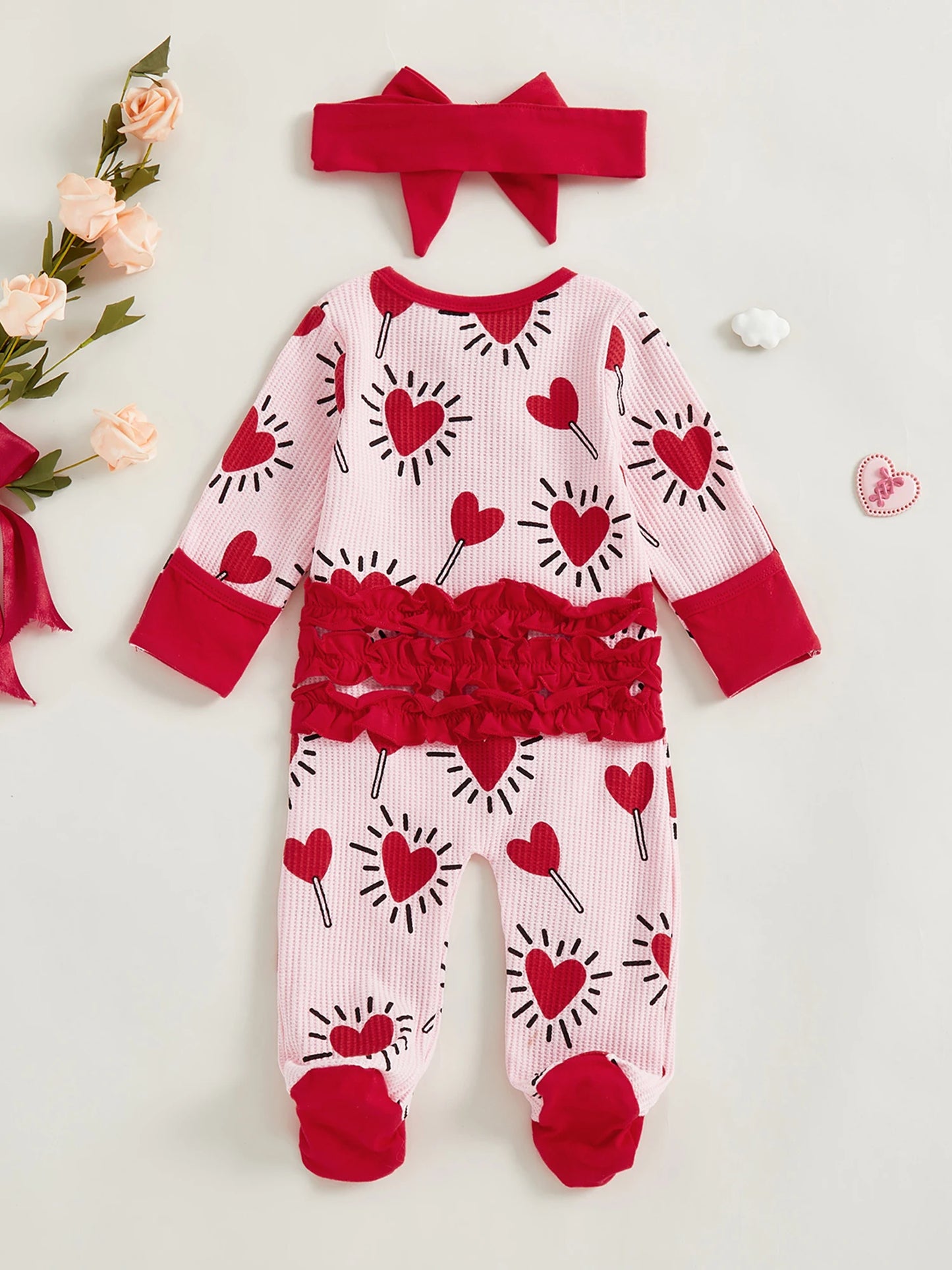 Baby Girl 2Pcs Valentines Day Zipper Romper Heart Candy Pattern Long Sleeve Zip Up Round Neck Footed Jumpsuit with Bow Headband Set