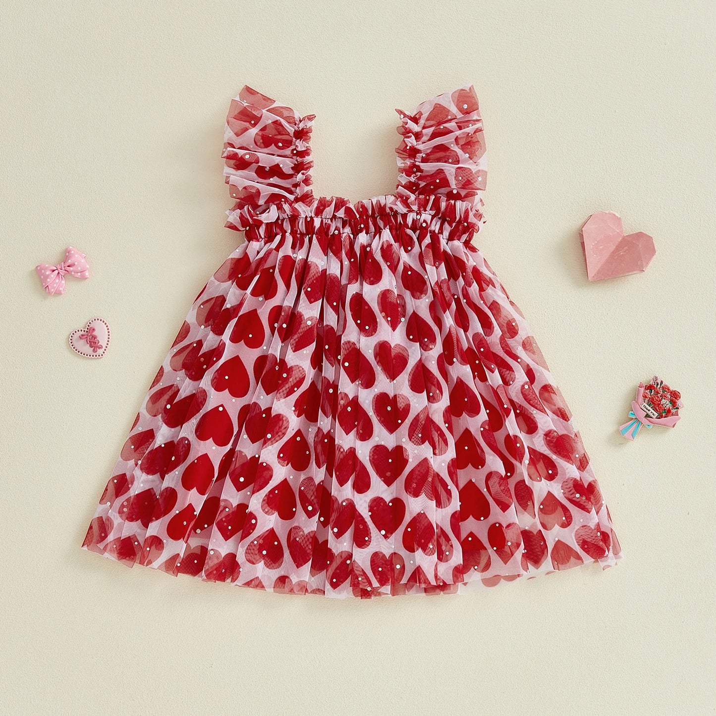 Baby Toddler Girl Sleeveless Dress with Ruffled Straps Red Heart Print Sequin Embellishments Suspender A Line Tulle Dress