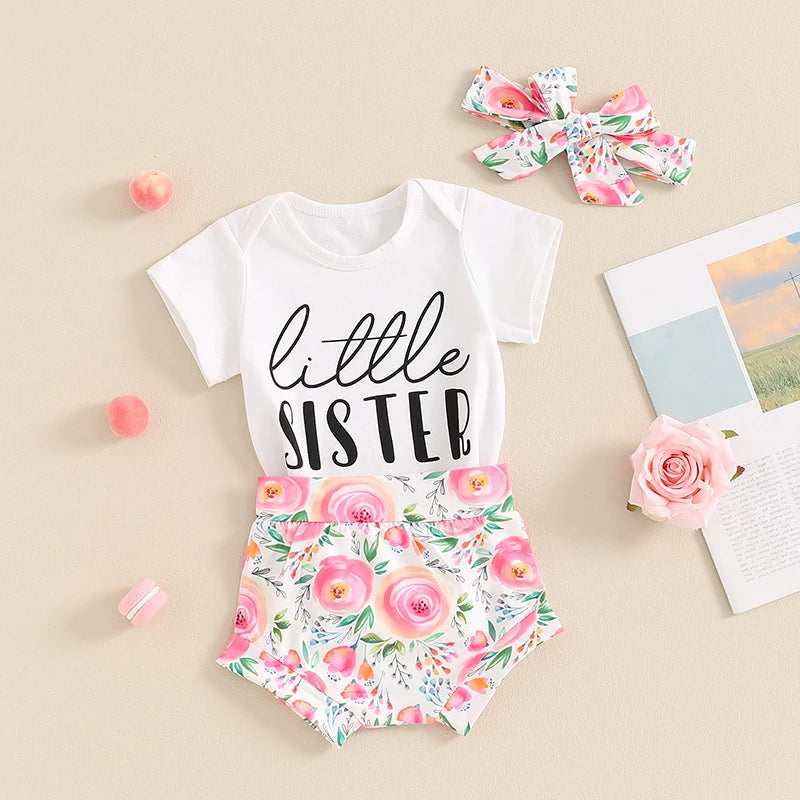 Baby Girls 3Pcs Little Sister Outfit Letter Print Short Sleeve Romper with Floral Flowers Pattern Shorts and Headband Set