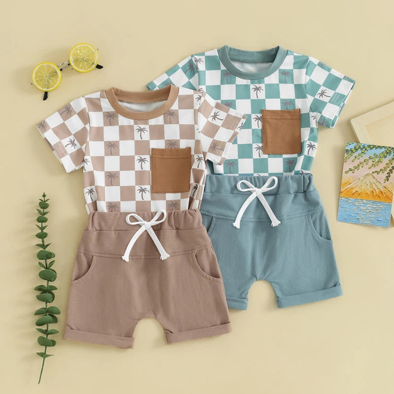 Baby Toddler Boys 2Pcs Summer Spring Shorts Set Short Sleeve Checker Palm Tree Print Top with Elastic Waist Shorts Outfit