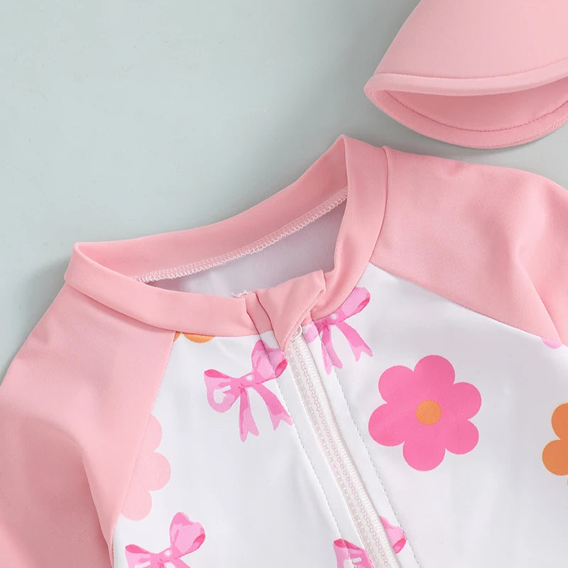 Baby Toddler Girls 2Pcs Swimwear Long Sleeve Floral/Bow/Strawberry Print Half Zipper Rash Guard Bathing Suite with Sunhat Set