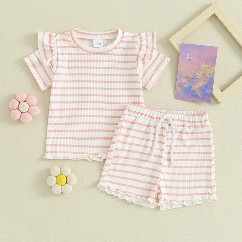 Toddler Baby Girl 2Pcs Summer Stripes Outfit Waffle Frilly Short Sleeve Top Shorts Set