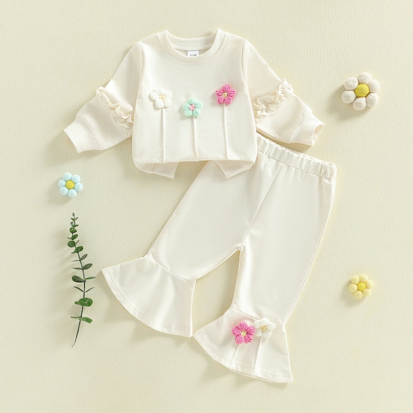 Baby Toddler Girls 2Pcs Spring Outfit Long Sleeve Crew Neck 3D Crochet Flower Decor Top and Bell Bottom Pants Set