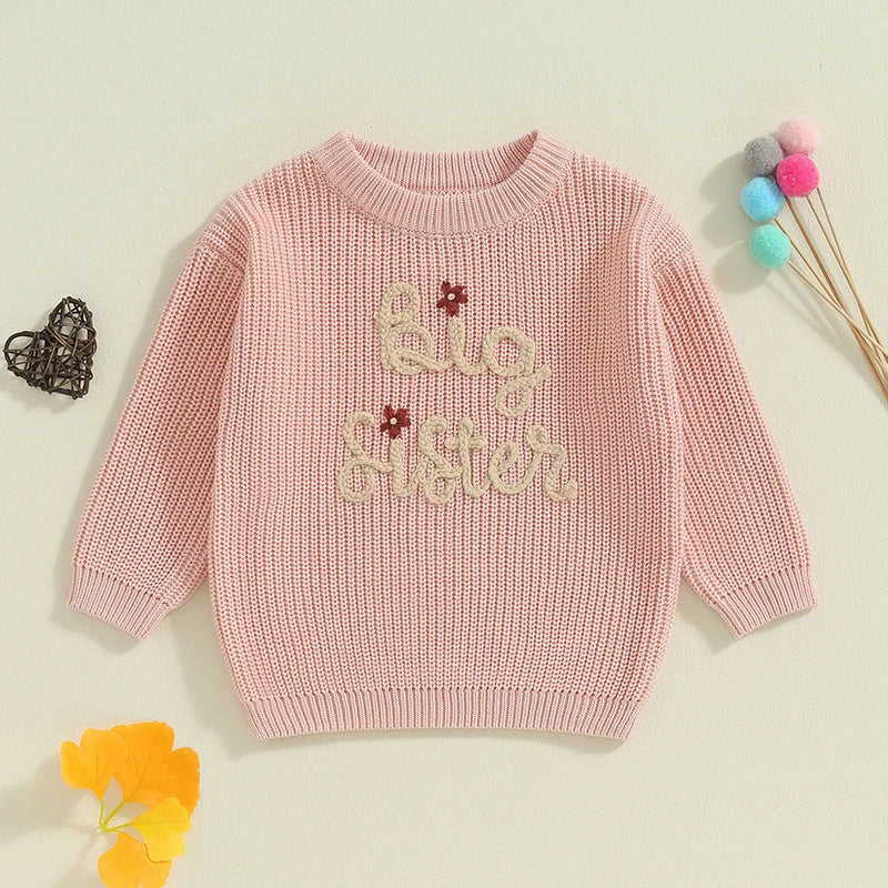 Baby Toddler Kids Girls Big Sister Autumn Winter Knit Sweater Long Sleeve O Neck Letter Embroidery Pullover Knitwear Top