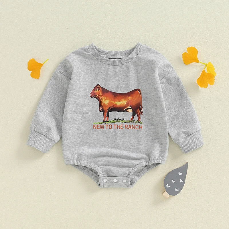 Baby Boys New To The Ranch Western Romper Casual Cattle Cow Letter Print Round Neck Long Sleeve Jumpsuit