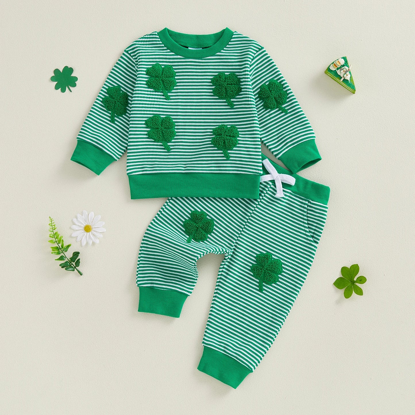 Baby Toddler Boy 2Pcs Spring Outfit Four-Leaf Clover Embroidery Long Sleeve O-Neck Pullover + Elastic Waist Stripe Pants St. Patrick's Day Jogger Set