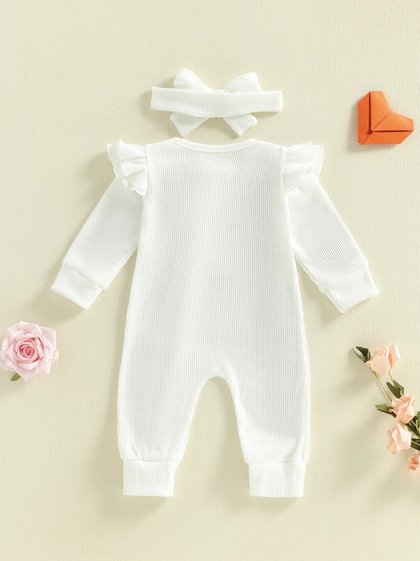 Baby Girl 2Pcs Valentine's Day Outfit Long Sleeve Round Neck Heart Love Embroidery Jumpsuit with Headband Set