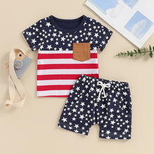 Load image into Gallery viewer, Baby Toddler Boys 2Pcs 4th of July Outfits O-Neck Short Sleeve Stars and Stripes Top + Elastic Waist Star Print Shorts Summer Set

