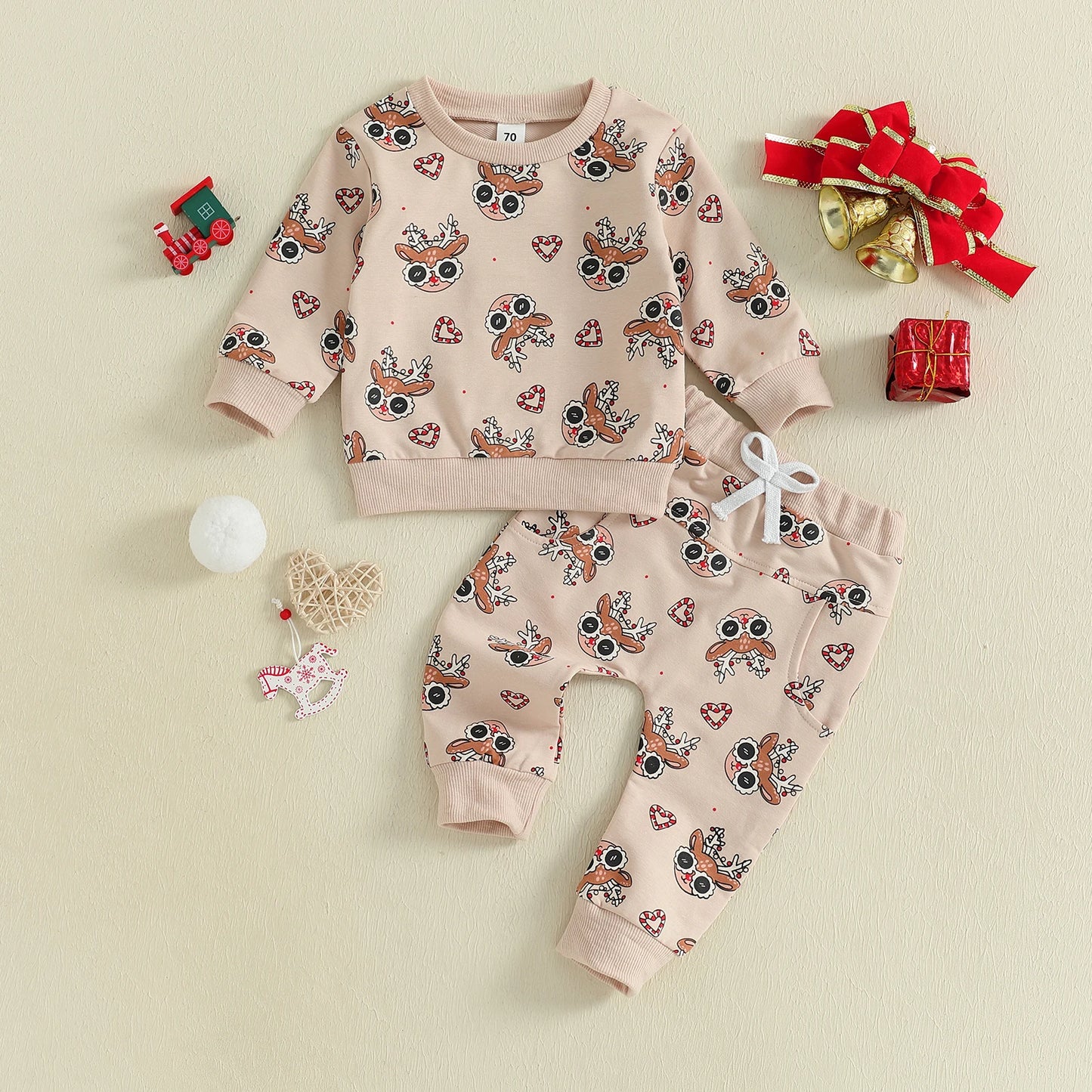 Baby Toddler Girls Boys 2Pcs Clothes Jogger Set Christmas Reindeer Pattern Long Sleeve Pullover Pants Outfit