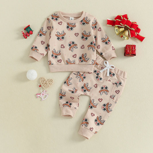 Baby Toddler Girls Boys 2Pcs Clothes Jogger Set Christmas Reindeer Pattern Long Sleeve Pullover Pants Outfit