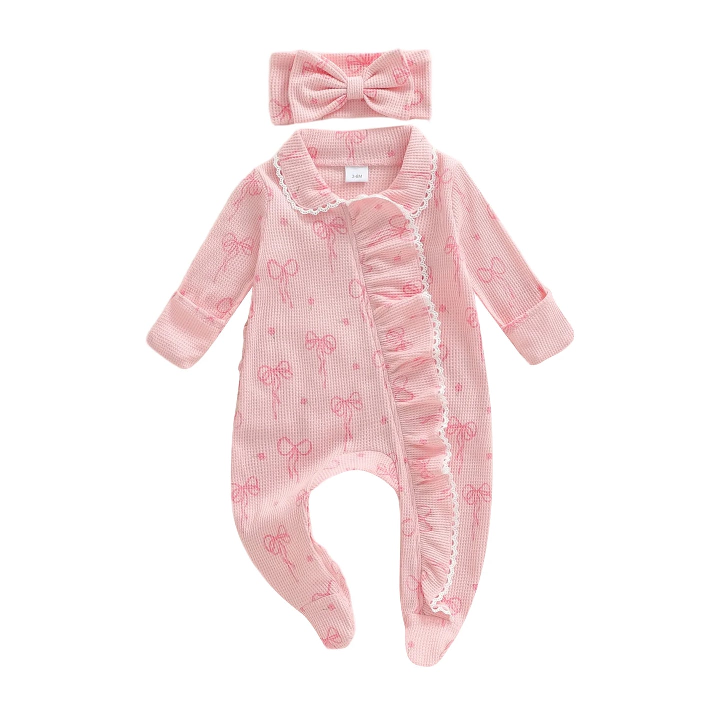Baby Girl 2Pcs Romper Waffled Bow Print Long Sleeve Zip Up Footed Jumpsuit with Headband Set